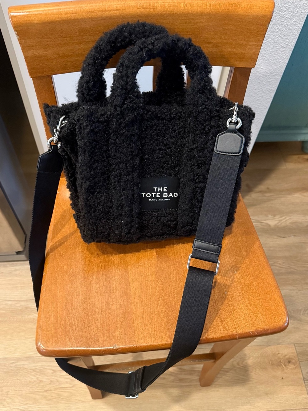 Marc Jacobs Black Faux-Shearling The Tote Bag with Adjustable Strap